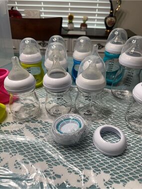 Baby Bottle Set - Clear Glass with White & Teal Accents
